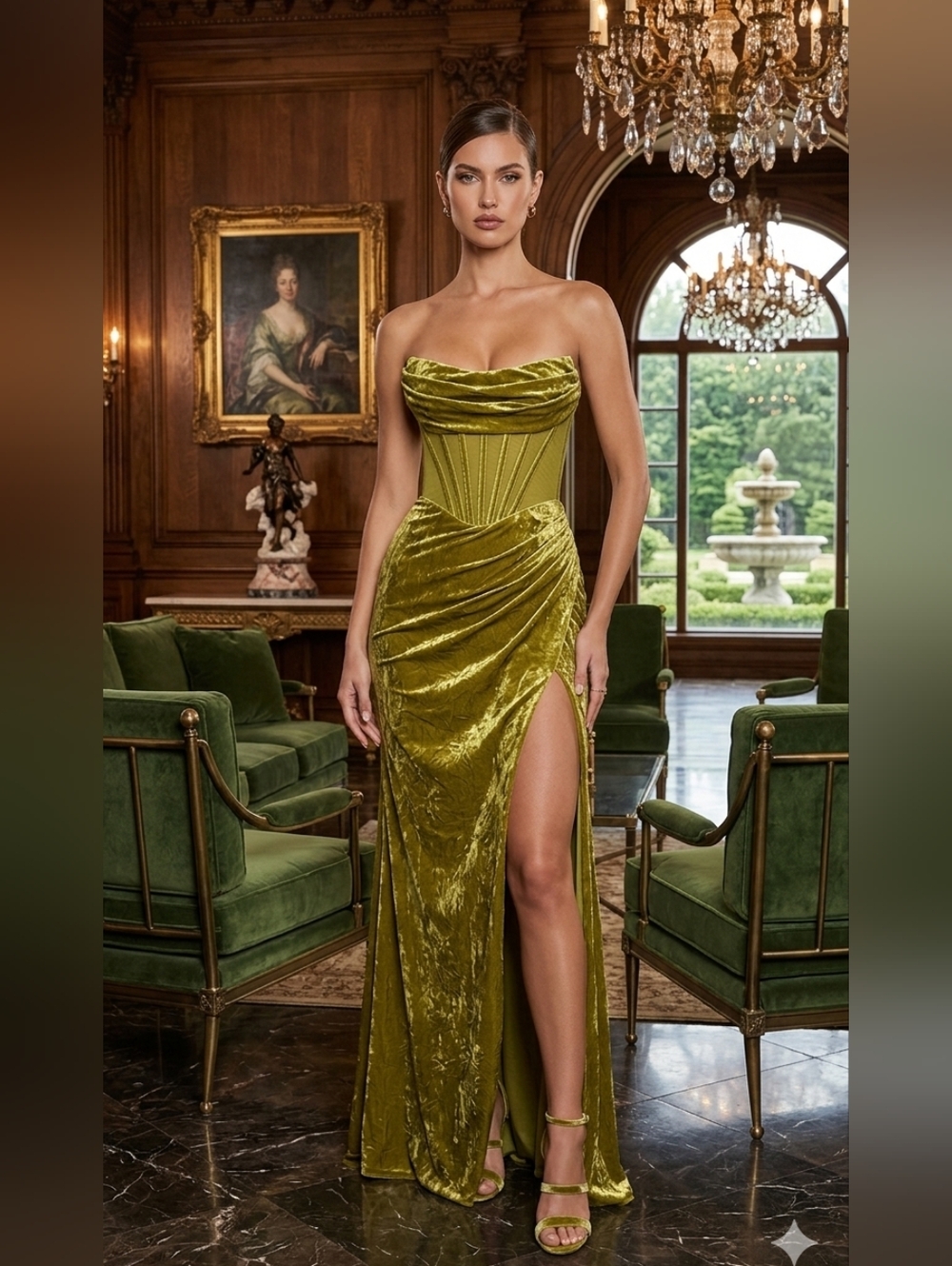 🎀Olive Green Velvet Strapless Corset Gown